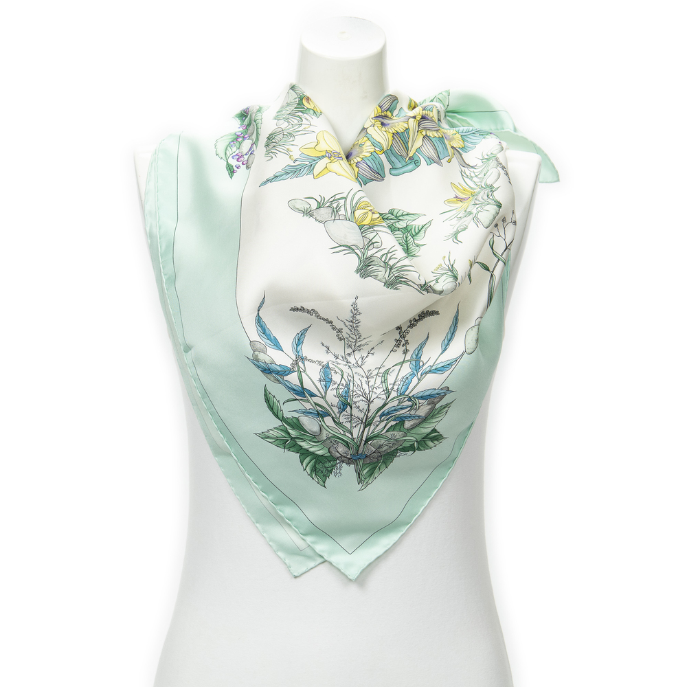 Hermes Mint Green, White & Yellow Botanical Silk Scarf